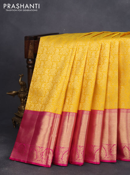 Pure kanjivaram silk saree yellow and pink with allover zari woven brocade weaves and long zari woven border