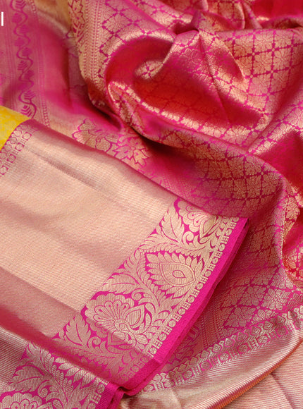 Pure kanjivaram silk saree yellow and pink with allover zari woven brocade weaves and long zari woven border