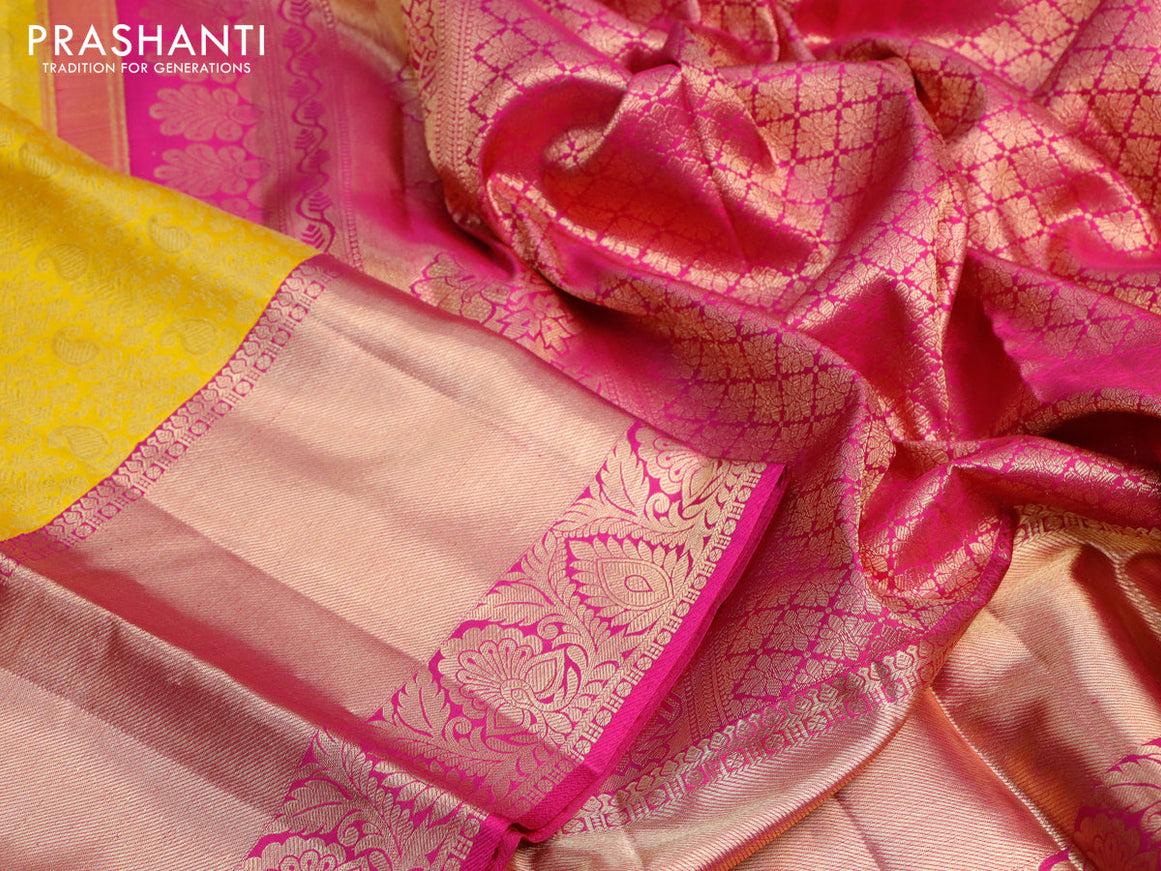 Pure kanjivaram silk saree yellow and pink with allover zari woven brocade weaves and long zari woven border