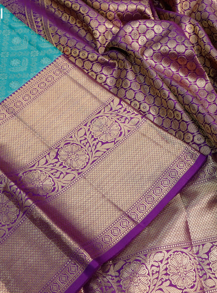 Pure kanjivaram silk saree light blue and violet with allover zari woven brocade weaves and long zari woven border