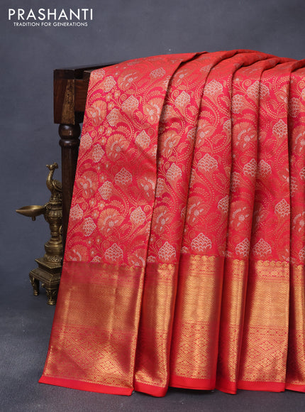 Pure kanjivaram silk saree dual shade of pink with allover zari woven floral brocade weaves and long zari woven border