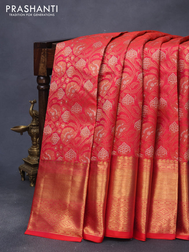 Pure kanjivaram silk saree dual shade of pink with allover zari woven floral brocade weaves and long zari woven border