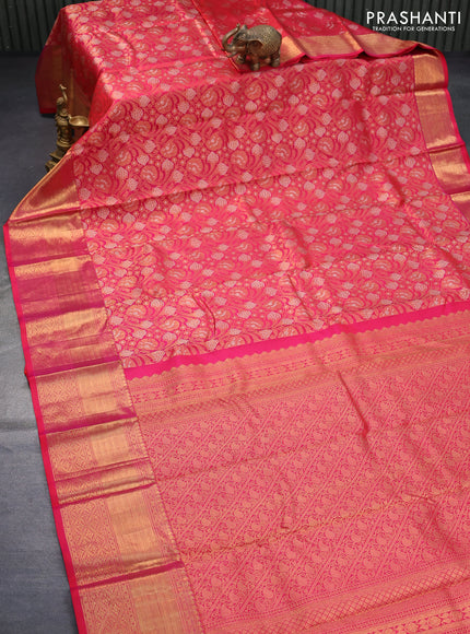 Pure kanjivaram silk saree dual shade of pink with allover zari woven floral brocade weaves and long zari woven border