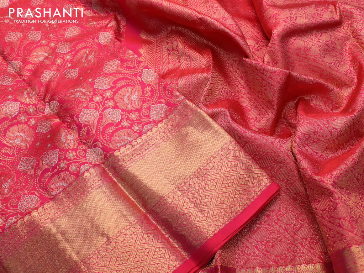 Pure kanjivaram silk saree dual shade of pink with allover zari woven floral brocade weaves and long zari woven border