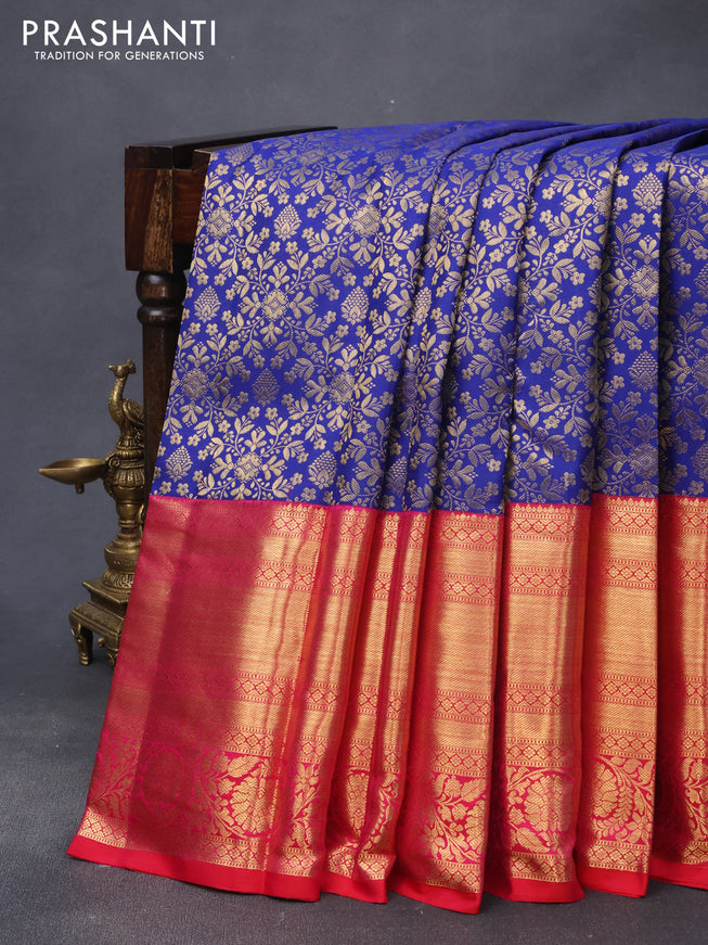 Pure kanjivaram silk saree blue and pink with allover zari woven brocade weaves and long zari woven border