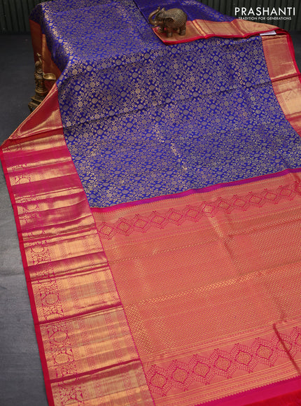 Pure kanjivaram silk saree blue and pink with allover zari woven brocade weaves and long zari woven border