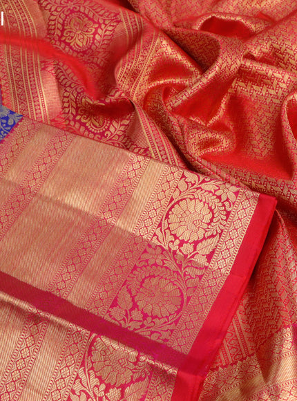 Pure kanjivaram silk saree blue and pink with allover zari woven brocade weaves and long zari woven border