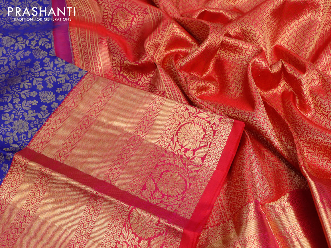 Pure kanjivaram silk saree blue and pink with allover zari woven brocade weaves and long zari woven border