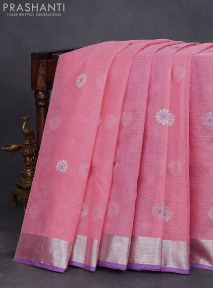 Pure zari kota saree light pink and violet with silver zari woven buttas and silver zari woven border