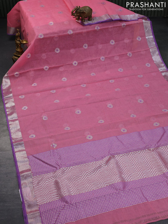 Pure zari kota saree light pink and violet with silver zari woven buttas and silver zari woven border