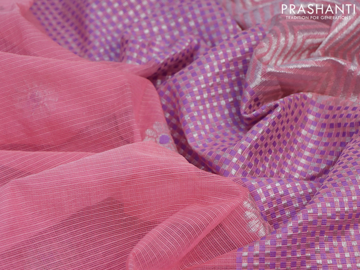 Pure zari kota saree light pink and violet with silver zari woven buttas and silver zari woven border