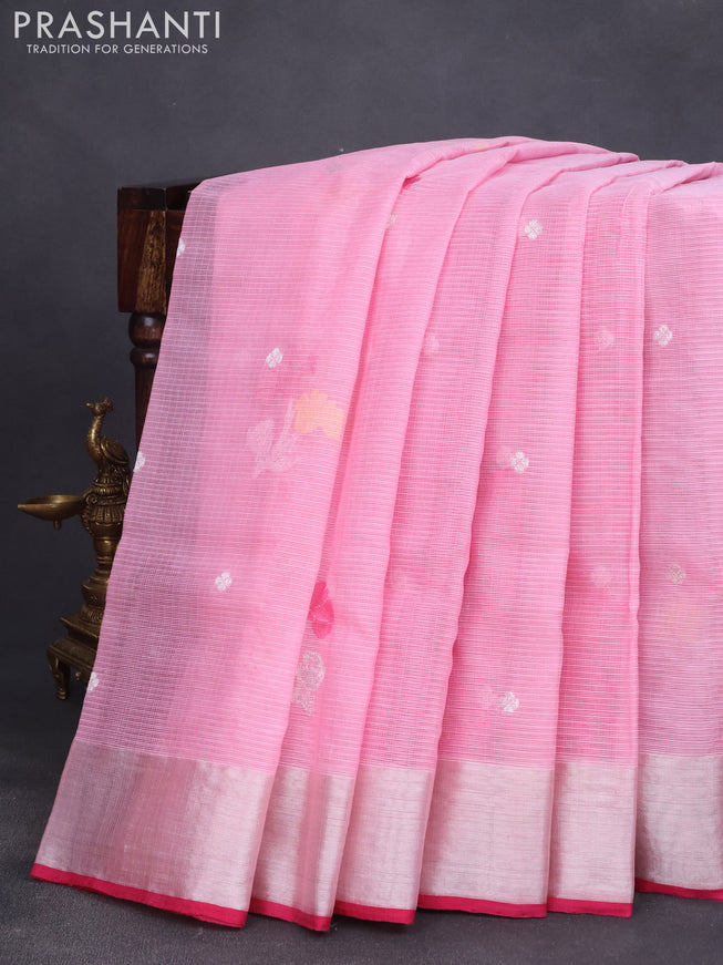 Pure zari kota saree light pink and pink with silver zari woven buttas and silver zari woven border