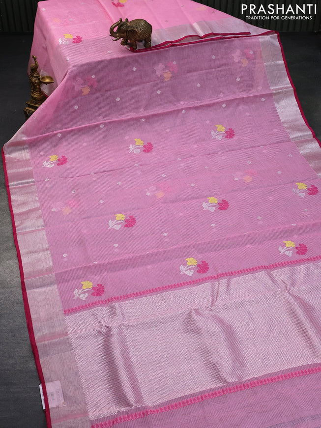 Pure zari kota saree light pink and pink with silver zari woven buttas and silver zari woven border