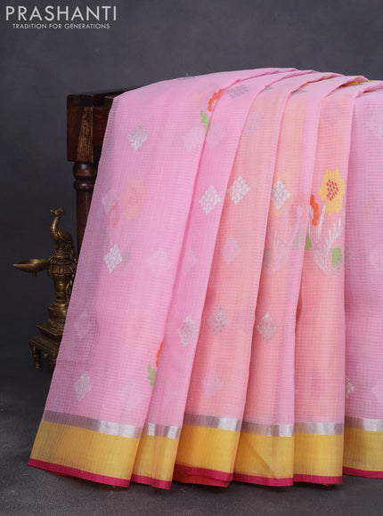 Pure zari kota saree peach pink and yellow pink with thread & silver zari wove floral buttas and silver zari woven simple border