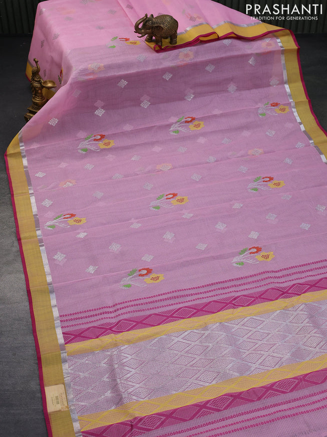 Pure zari kota saree peach pink and yellow pink with thread & silver zari wove floral buttas and silver zari woven simple border