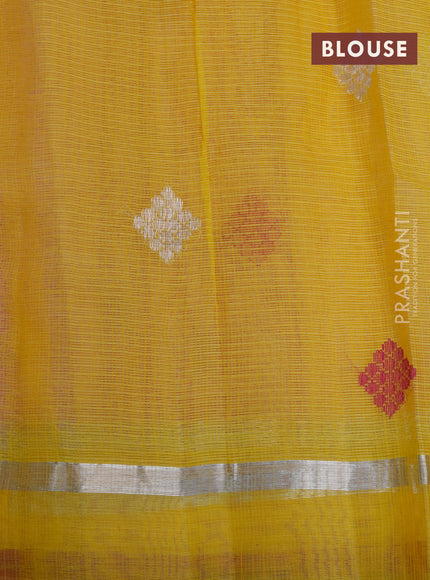 Pure zari kota saree peach pink and yellow pink with thread & silver zari wove floral buttas and silver zari woven simple border