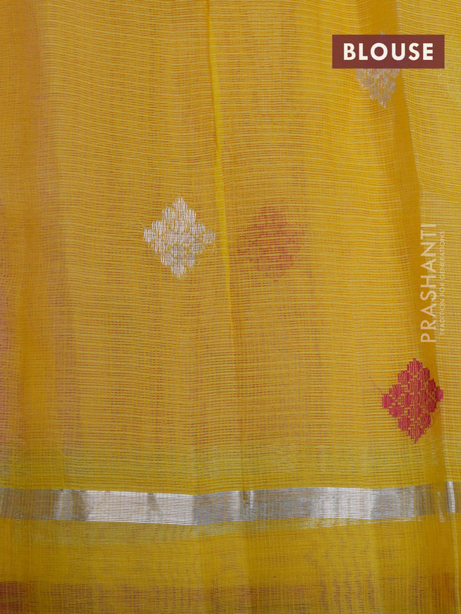 Pure zari kota saree peach pink and yellow pink with thread & silver zari wove floral buttas and silver zari woven simple border