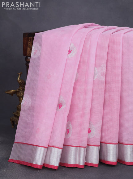 Pure zari kota saree pastel pink and pink with thread & silver zari woven buttas and silver zari woven border