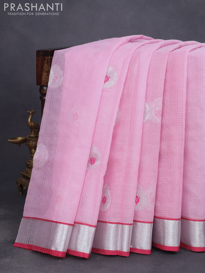 Pure zari kota saree pastel pink and pink with thread & silver zari woven buttas and silver zari woven border