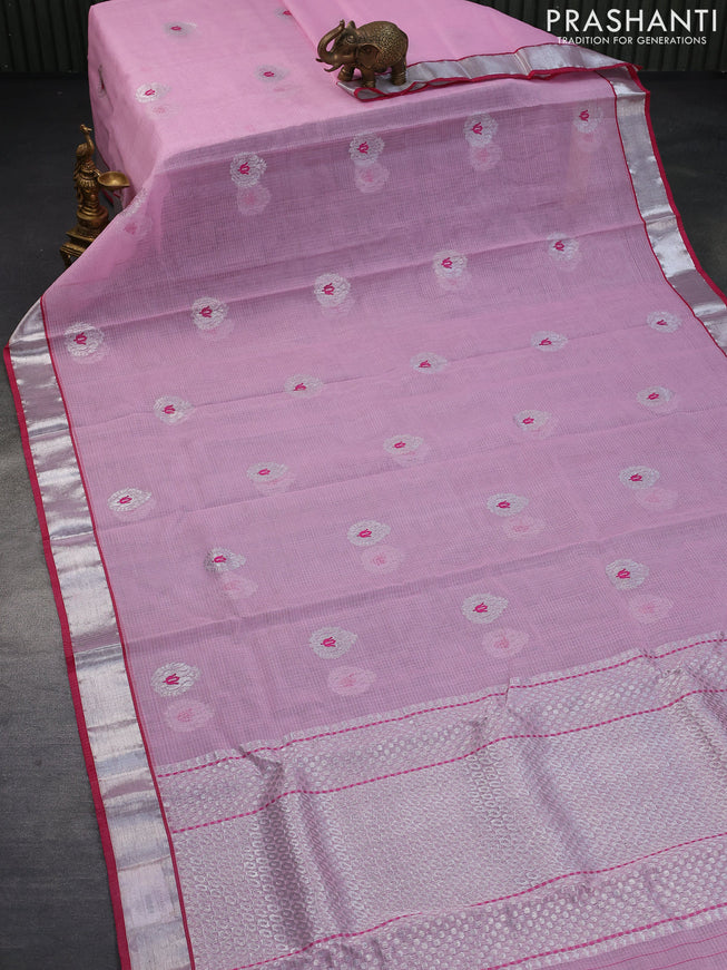 Pure zari kota saree pastel pink and pink with thread & silver zari woven buttas and silver zari woven border