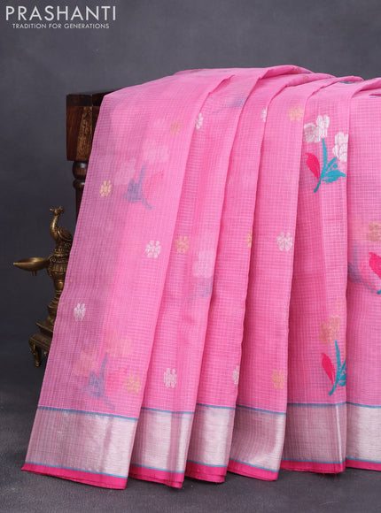 Pure zari kota saree light pink and pink with thread & zari woven buttas and silver zari woven border