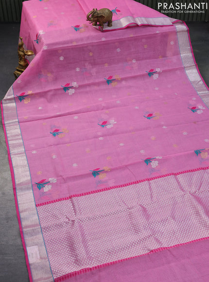 Pure zari kota saree light pink and pink with thread & zari woven buttas and silver zari woven border