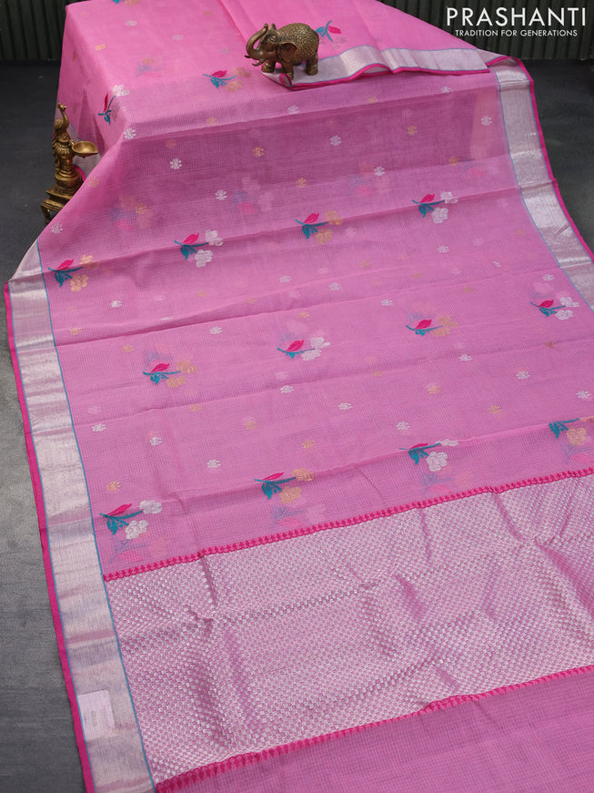 Pure zari kota saree light pink and pink with thread & zari woven buttas and silver zari woven border