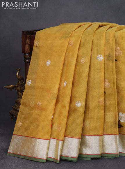 Pure zari kota saree mustard green and pastel green shade with thread & zari woven buttas and silver zari woven border