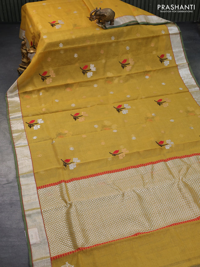 Pure zari kota saree mustard green and pastel green shade with thread & zari woven buttas and silver zari woven border