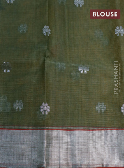 Pure zari kota saree mustard green and pastel green shade with thread & zari woven buttas and silver zari woven border