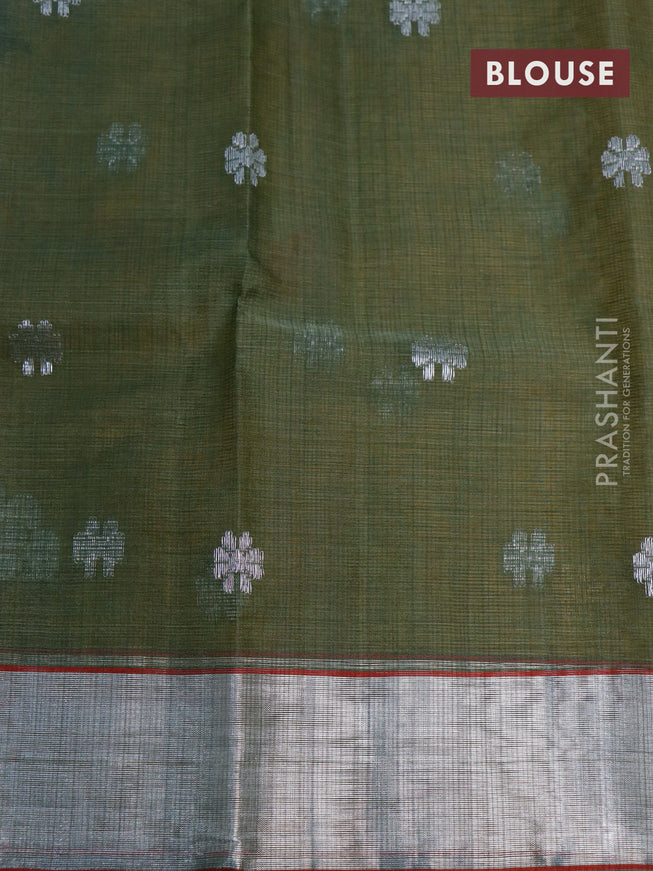 Pure zari kota saree mustard green and pastel green shade with thread & zari woven buttas and silver zari woven border