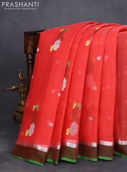 Pure zari kota saree tomato red and green with silver zari woven buttas and silver zari woven simple border