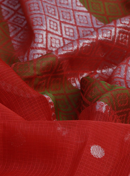 Pure zari kota saree tomato red and green with silver zari woven buttas and silver zari woven simple border