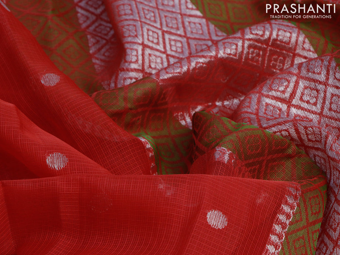 Pure zari kota saree tomato red and green with silver zari woven buttas and silver zari woven simple border