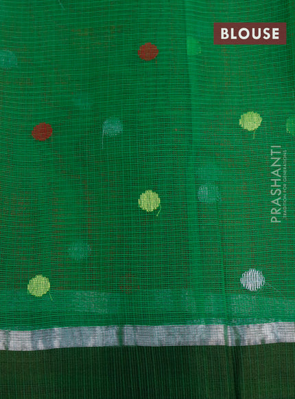 Pure zari kota saree tomato red and green with silver zari woven buttas and silver zari woven simple border