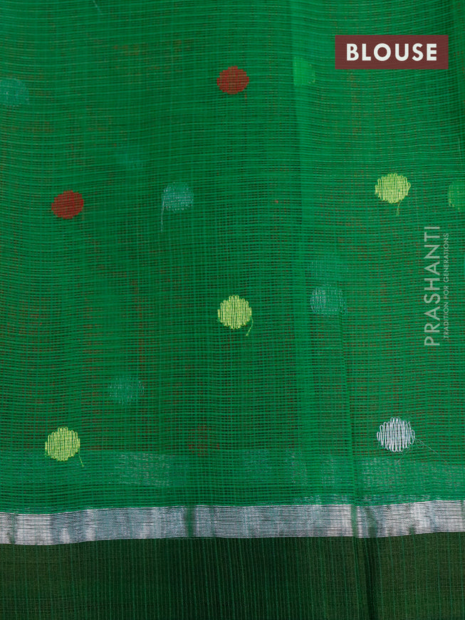 Pure zari kota saree tomato red and green with silver zari woven buttas and silver zari woven simple border