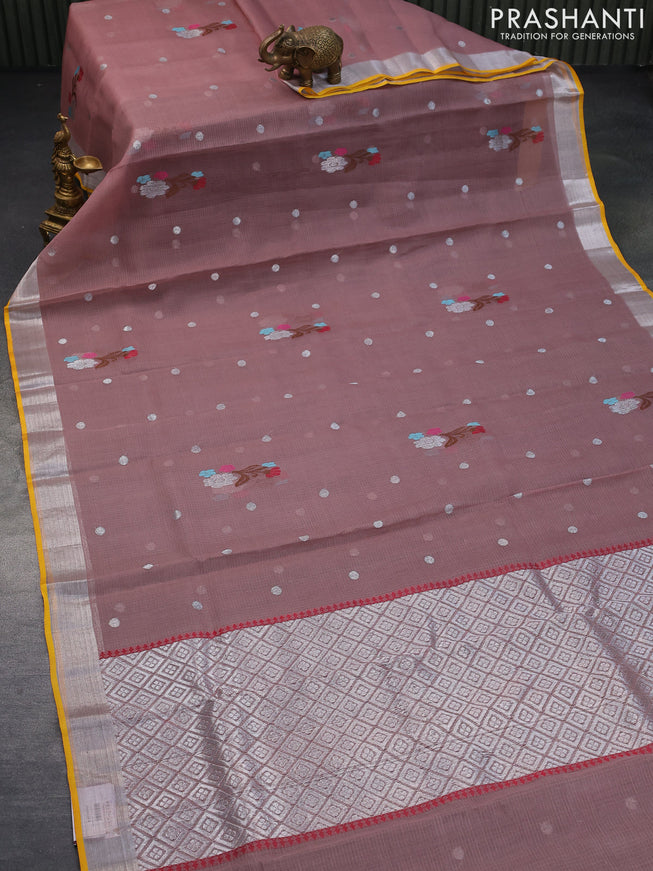 Pure zari kota saree pastel brown shade and yellow with silver zari woven buttas and silver zari woven border