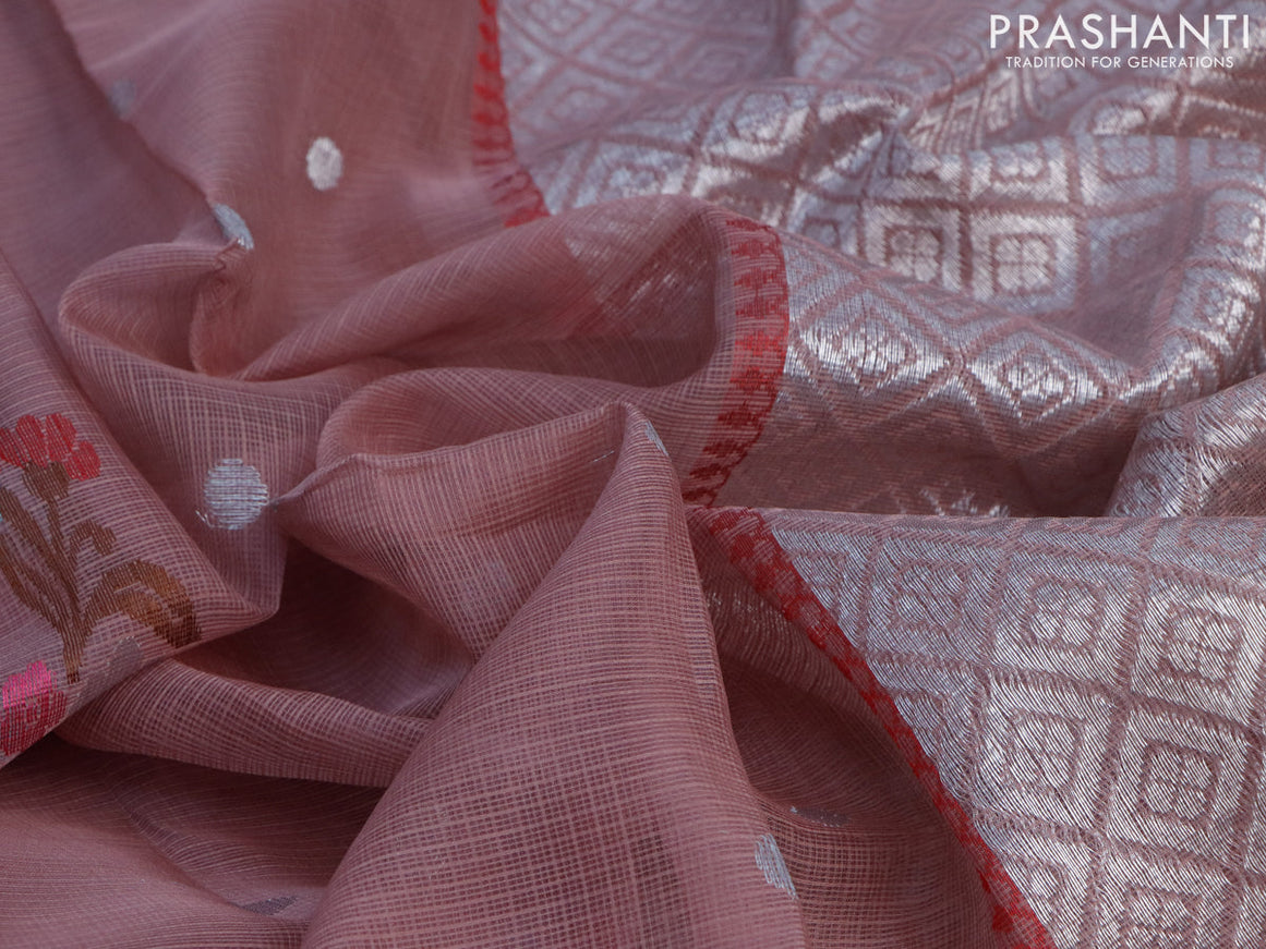 Pure zari kota saree pastel brown shade and yellow with silver zari woven buttas and silver zari woven border