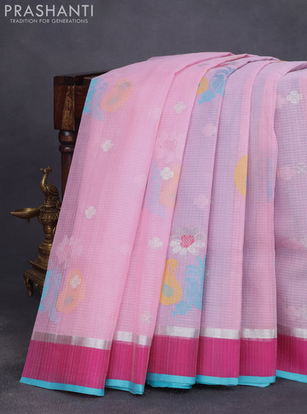 Pure zari kota saree baby pink and magenta pink teal blue with thread & silver zari woven buttas and silver zari woven simple border