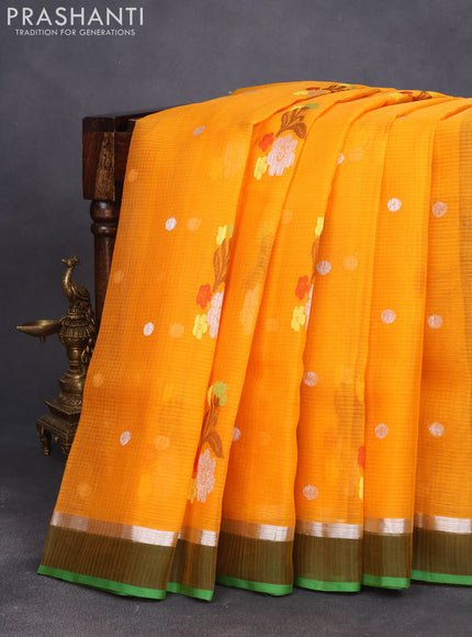 Pure zari kota saree dark mustard and green with thread & silver zari woven buttas and silver zari woven simple border