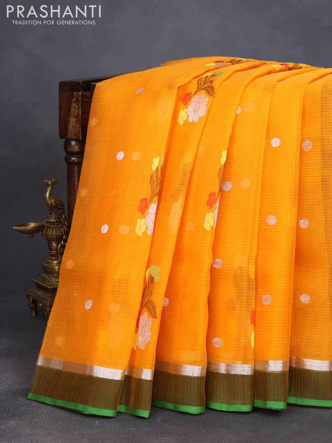 Pure zari kota saree dark mustard and green with thread & silver zari woven buttas and silver zari woven simple border