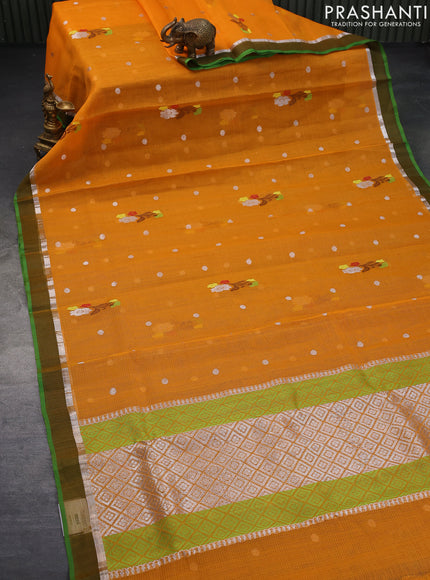 Pure zari kota saree dark mustard and green with thread & silver zari woven buttas and silver zari woven simple border