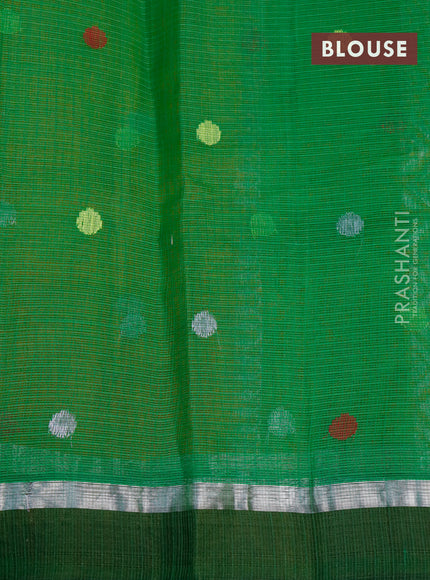 Pure zari kota saree dark mustard and green with thread & silver zari woven buttas and silver zari woven simple border