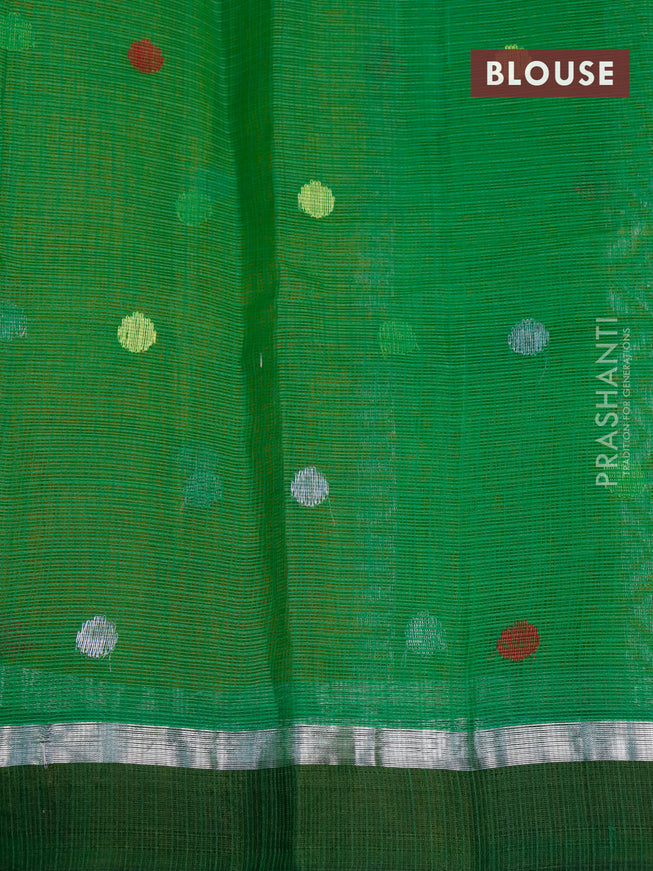 Pure zari kota saree dark mustard and green with thread & silver zari woven buttas and silver zari woven simple border