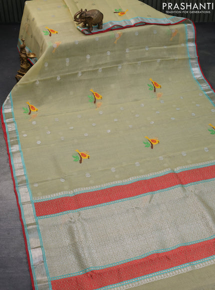 Pure zari kota saree elaichi green and red with thread & silver zari woven buttas and silver zari woven border