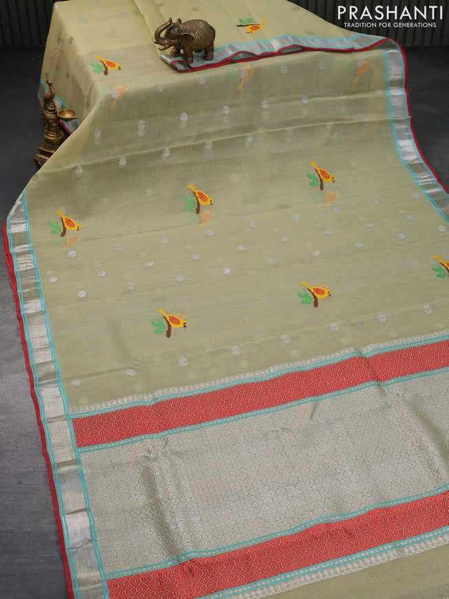 Pure zari kota saree elaichi green and red with thread & silver zari woven buttas and silver zari woven border