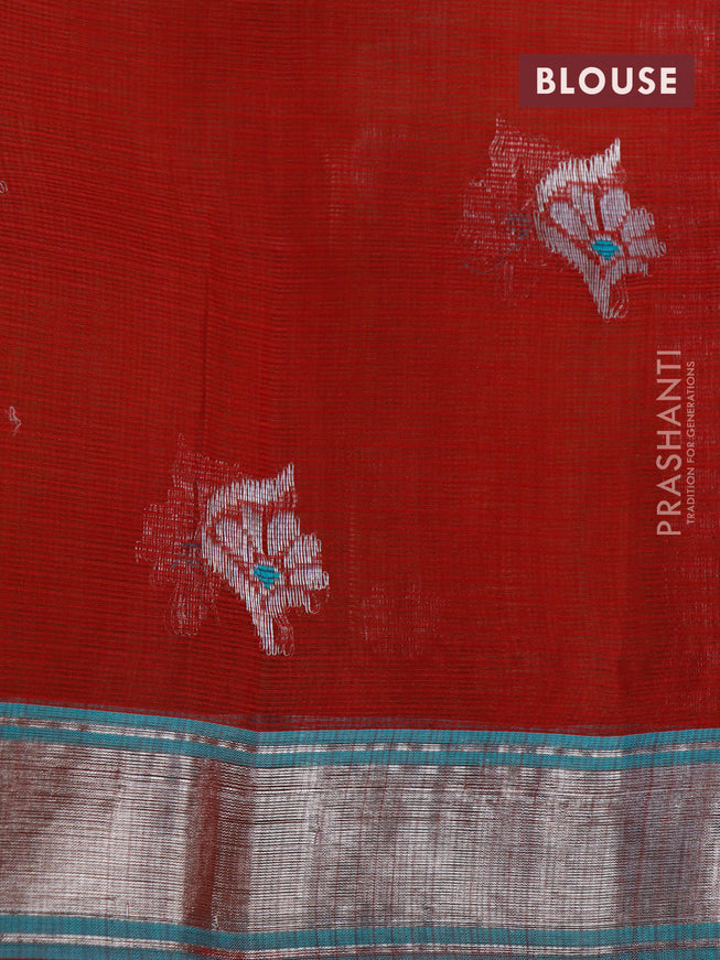 Pure zari kota saree elaichi green and red with thread & silver zari woven buttas and silver zari woven border