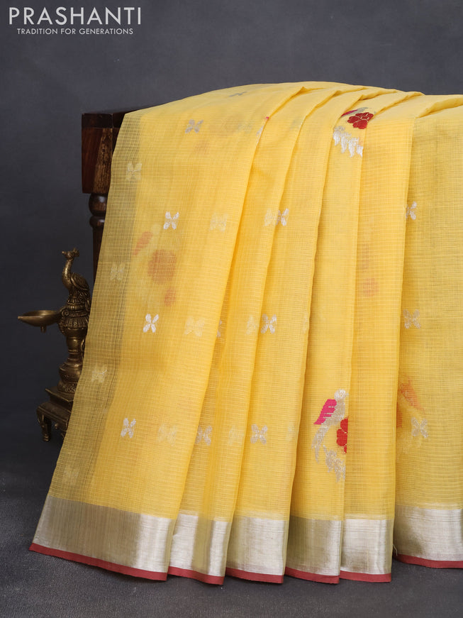 Pure zari kota saree yellow and pastel maroon with thread & silver zari woven buttas and silver zari woven border