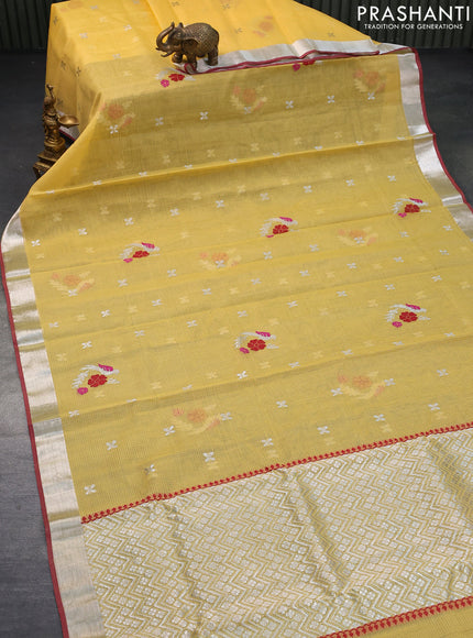 Pure zari kota saree yellow and pastel maroon with thread & silver zari woven buttas and silver zari woven border