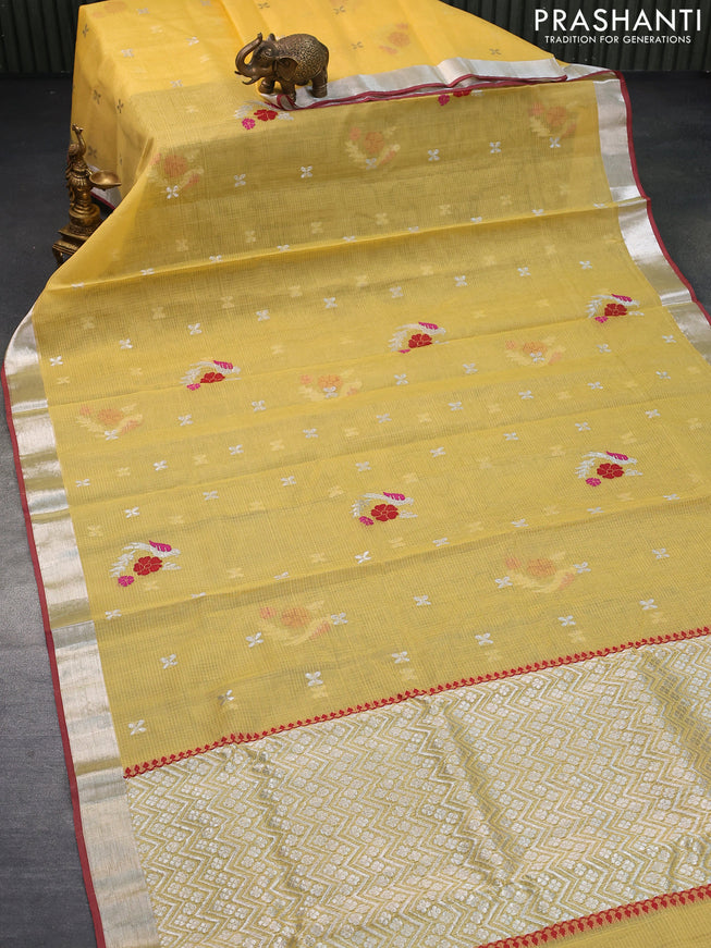 Pure zari kota saree yellow and pastel maroon with thread & silver zari woven buttas and silver zari woven border